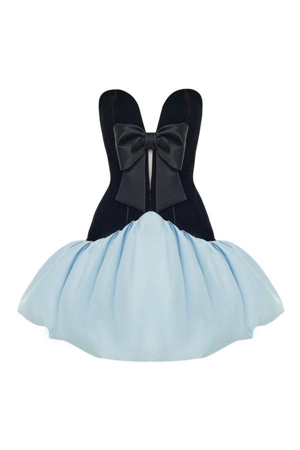 rasario Satin and velvet corset mini dress with voluminous skirt black/light blue 058DN127 – RASARIO