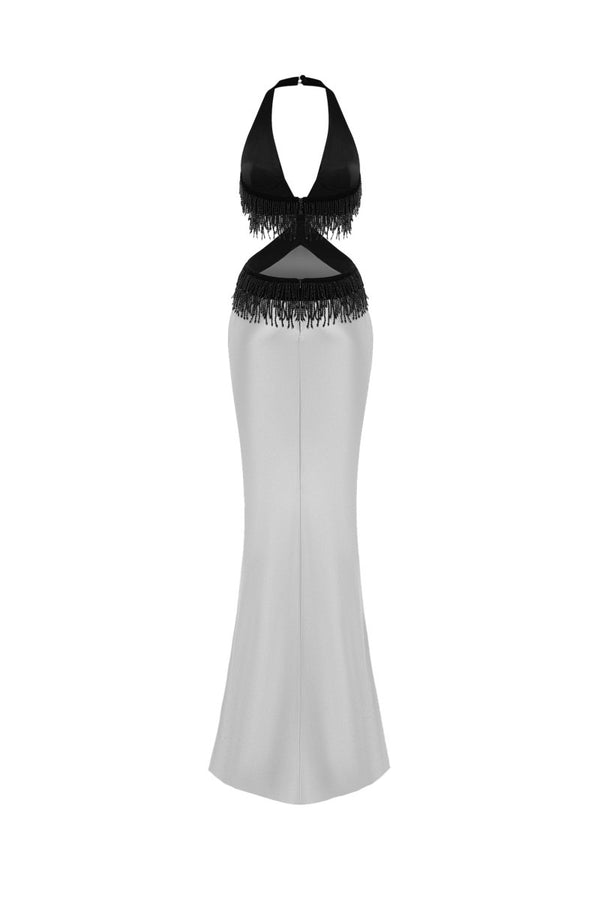 Rasario Satin And Velvet Fringed Maxi Dress Black/grey 060DX036 – RASARIO