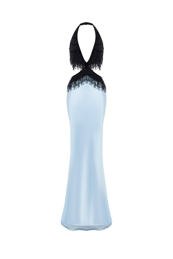 rasario Satin and velvet fringed maxi dress black/light blue 060DX127 – RASARIO
