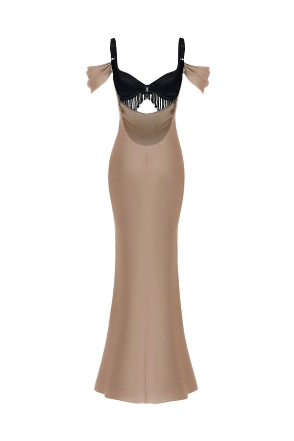 Rasario Satin And Velvet Fringed Midi Dress Beige 053DD006 – RASARIO