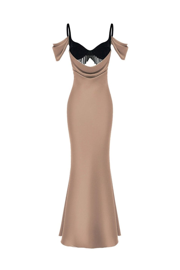 rasario Satin and velvet fringed midi dress beige 053DD006 – RASARIO