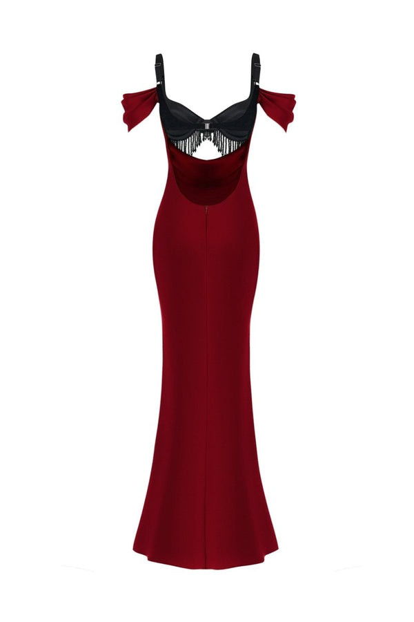 Rasario Satin And Velvet Fringed Midi Dress Burgundy 053DD013 – RASARIO