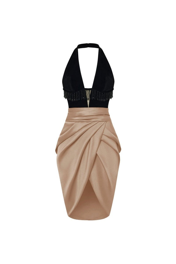 rasario Satin and velvet fringed mini dress black/beige 065DD044 – RASARIO