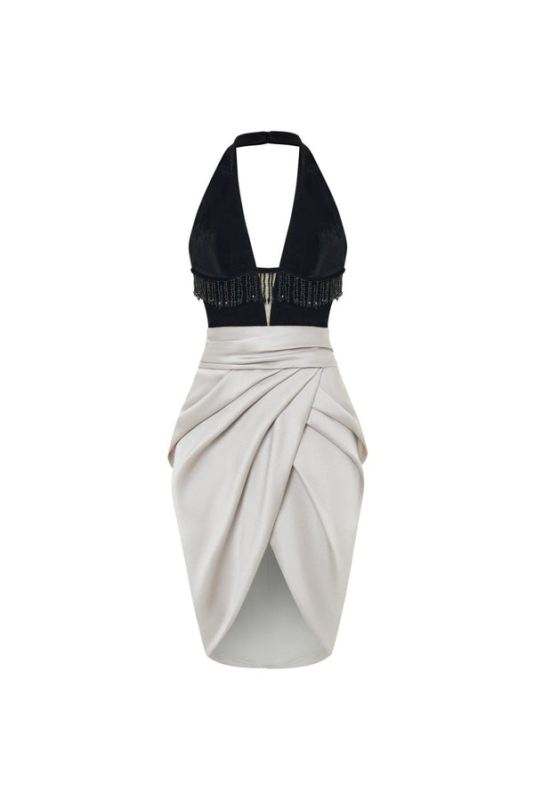 rasario Satin and velvet fringed mini dress black/grey 065DN120 – RASARIO