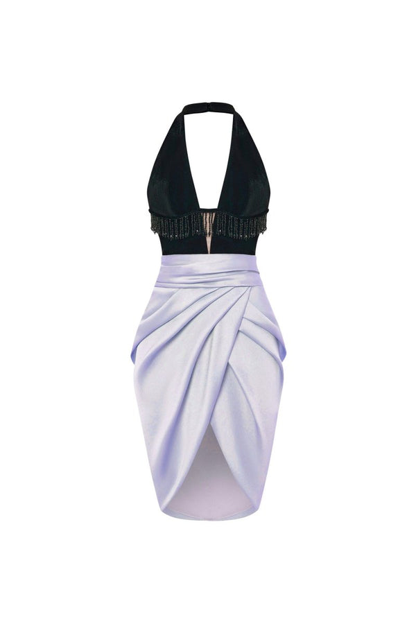 rasario Satin and velvet fringed mini dress black/lilac 065DN124 – RASARIO