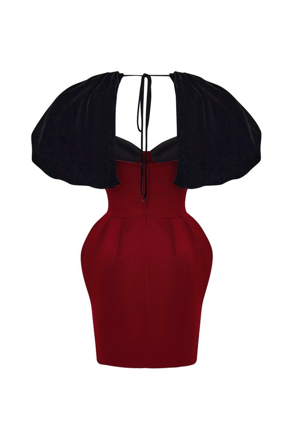 Rasario Satin And Velvet Fringed Mini Dress With Voluminous Sleeves Black/burgundy 052DN113 – RASARIO