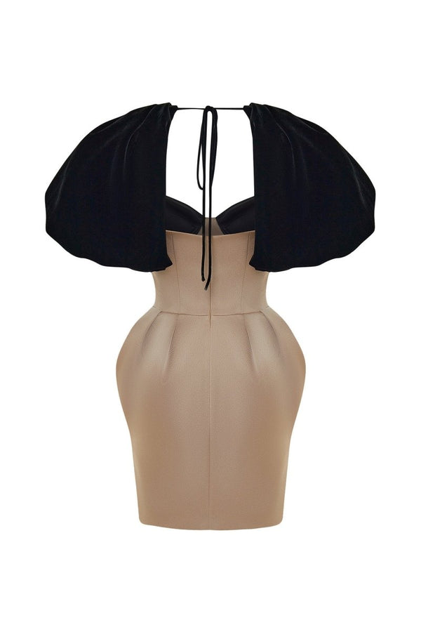 Rasario Satin And Velvet Fringed Mini Dress With Voluminous Sleeves Black/beige 052DN106 – RASARIO