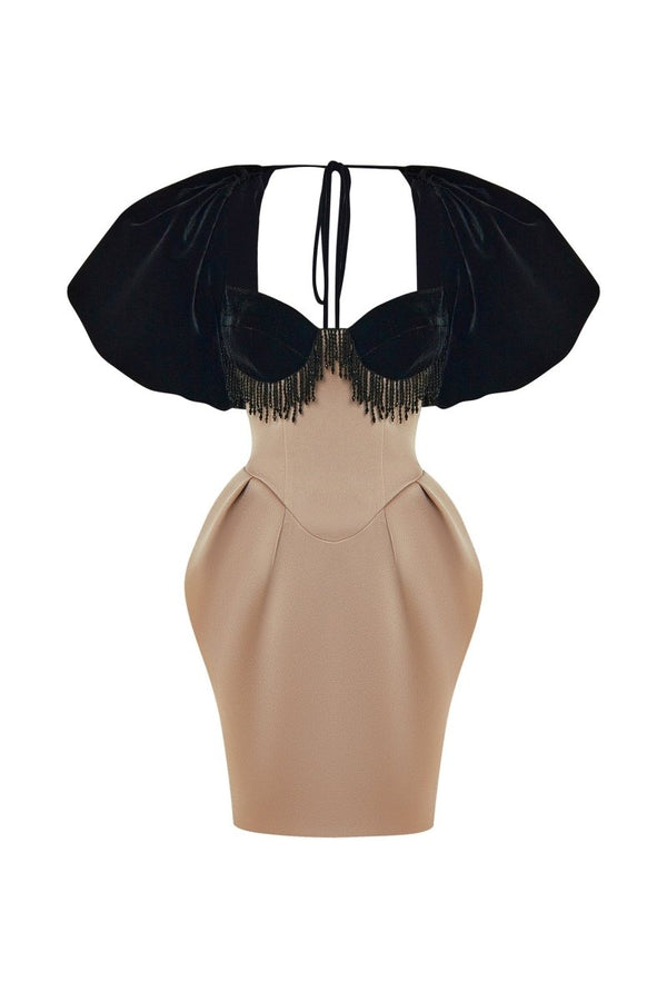 rasario Satin and velvet fringed mini dress with voluminous sleeves black/beige 052DN106 – RASARIO