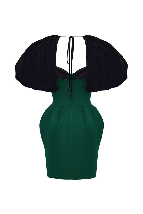 Rasario Satin And Velvet Fringed Mini Dress With Voluminous Sleeves Black/dark Green 052DN118 – RASARIO