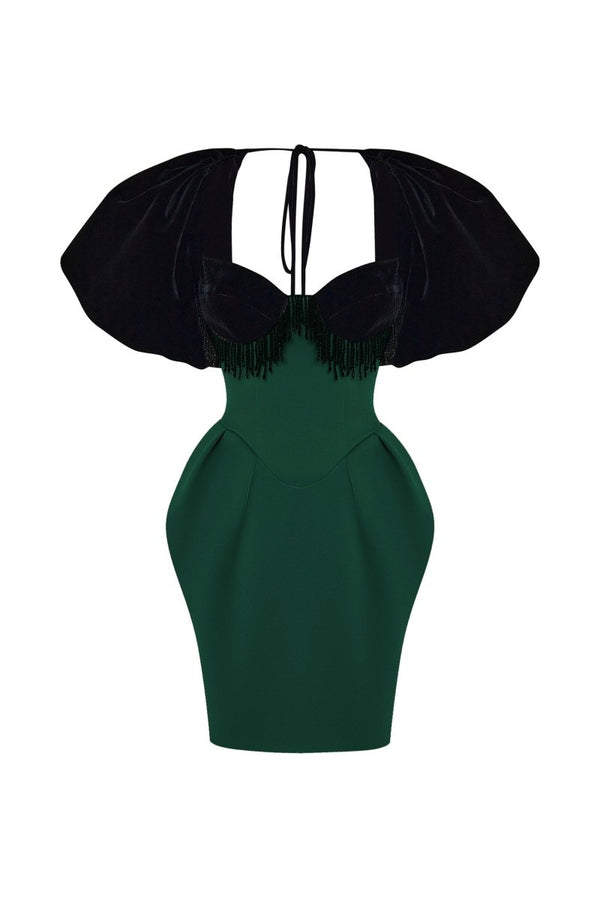 rasario Satin and velvet fringed mini dress with voluminous sleeves black/dark green 052DN118 – RASARIO