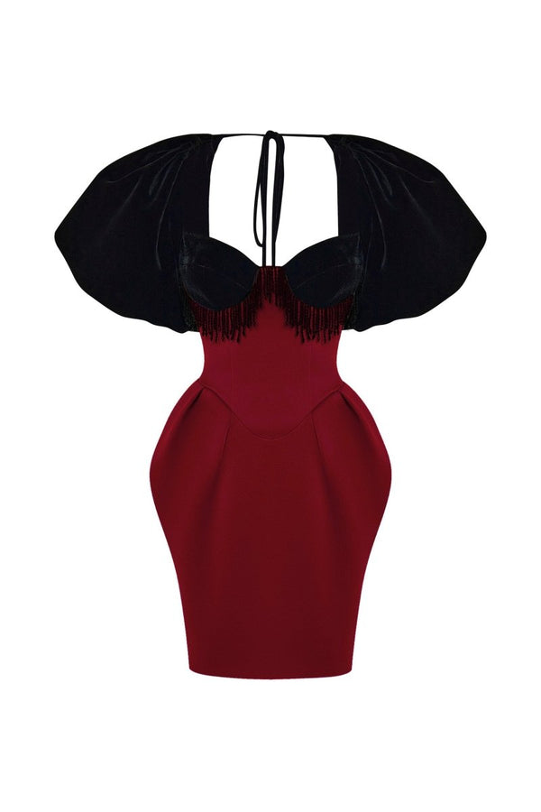 rasario Satin and velvet fringed mini dress with voluminous sleeves black/burgundy 052DN113 – RASARIO