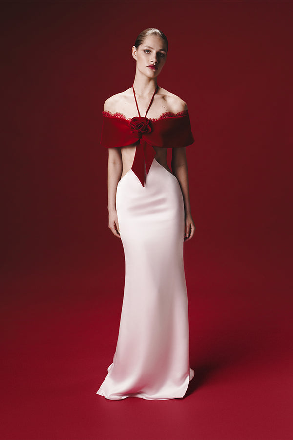 Rasario Satin And Velvet Maxi Dress With A Flower Red/pink 030DX095 – RASARIO