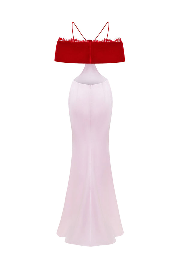 Rasario Satin And Velvet Maxi Dress With A Flower Red/pink 030DX095 – RASARIO