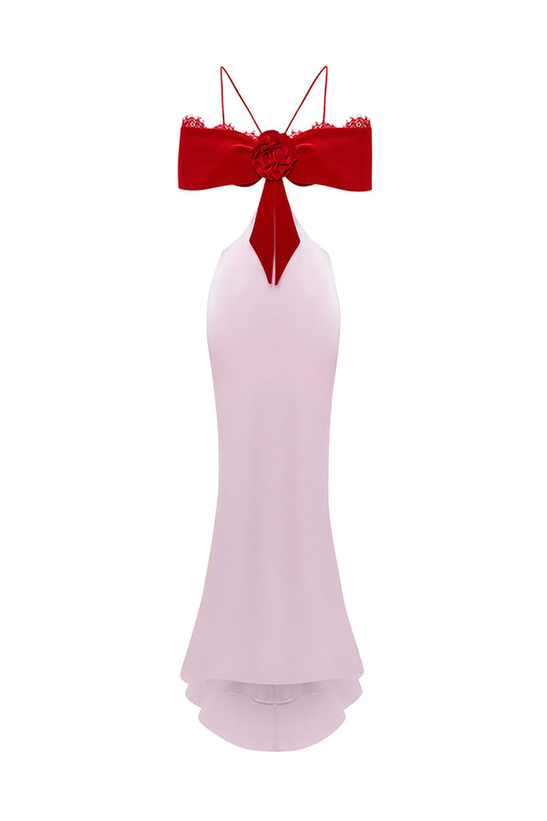 rasario Satin and velvet maxi dress with a flower red/pink 030DX095 – RASARIO