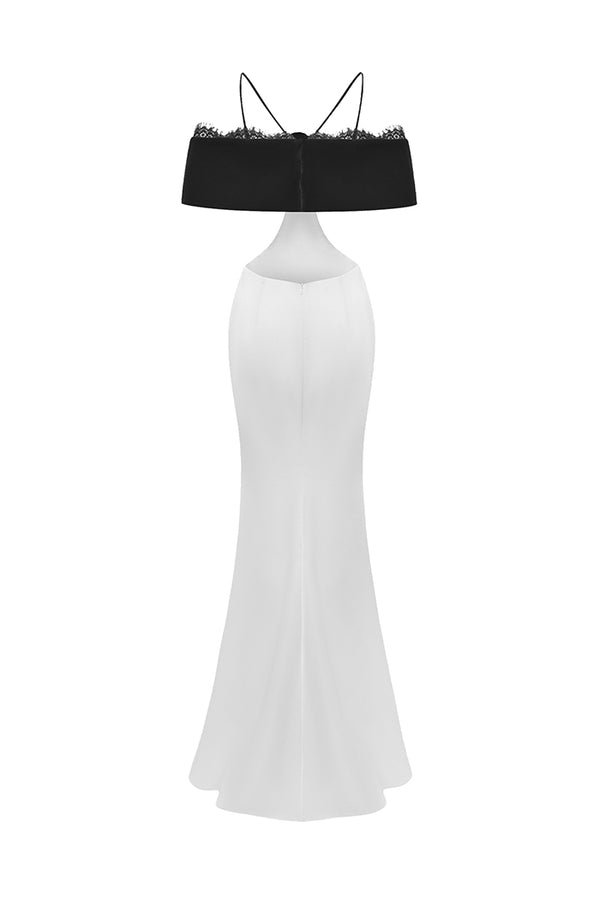Rasario Satin And Velvet Maxi Dress With A Flower White/black 030DX021 – RASARIO