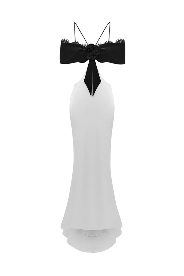 rasario Satin and velvet maxi dress with a flower white/black 030DX021 – RASARIO