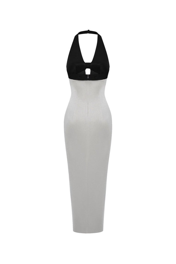 Rasario Satin And Velvet Midi Dress Grey 059DD020 – RASARIO