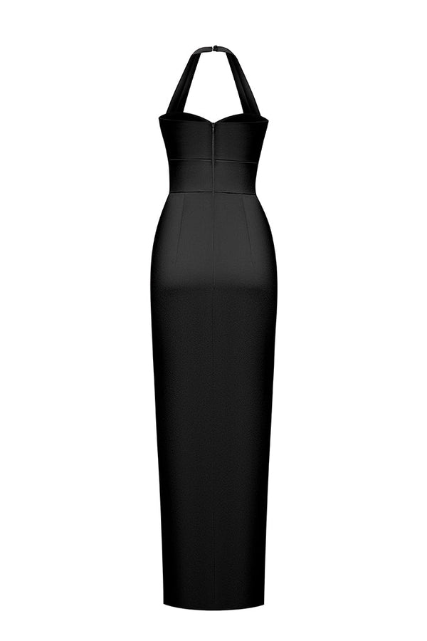 Rasario Satin Draped Long Midi Dress With A Cutout Black F113M010 – RASARIO
