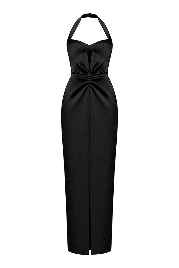 rasario Satin draped long midi dress with a cutout black F113M010 – RASARIO