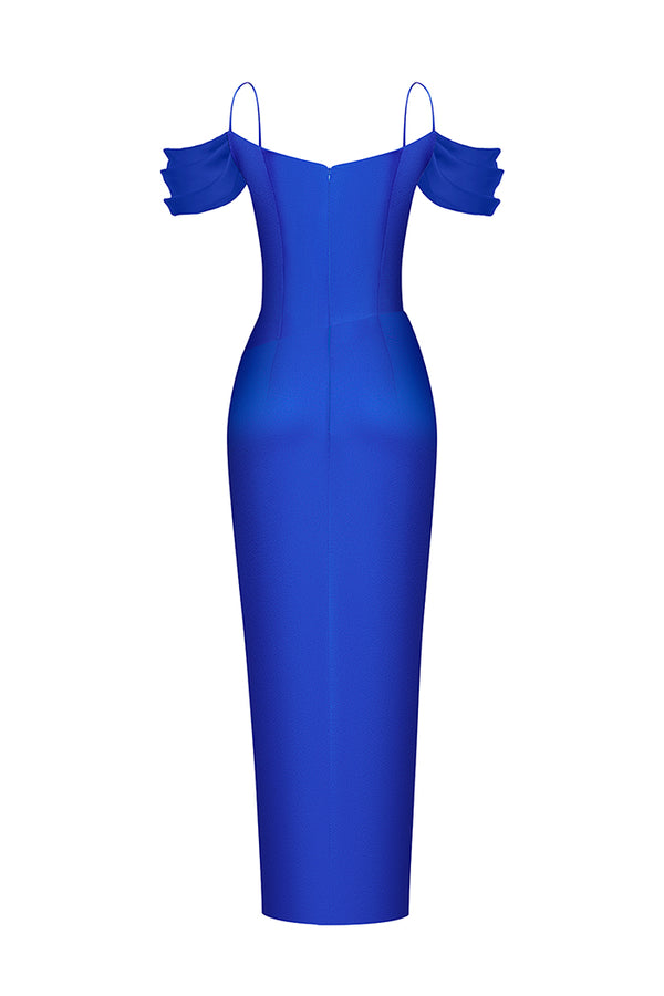 Rasario Satin Draped Off-the-shoulders Long Midi Dress Blue F114M070 – RASARIO