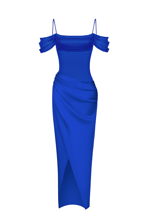 rasario Satin draped off-the-shoulders long midi dress blue F114M070 – RASARIO