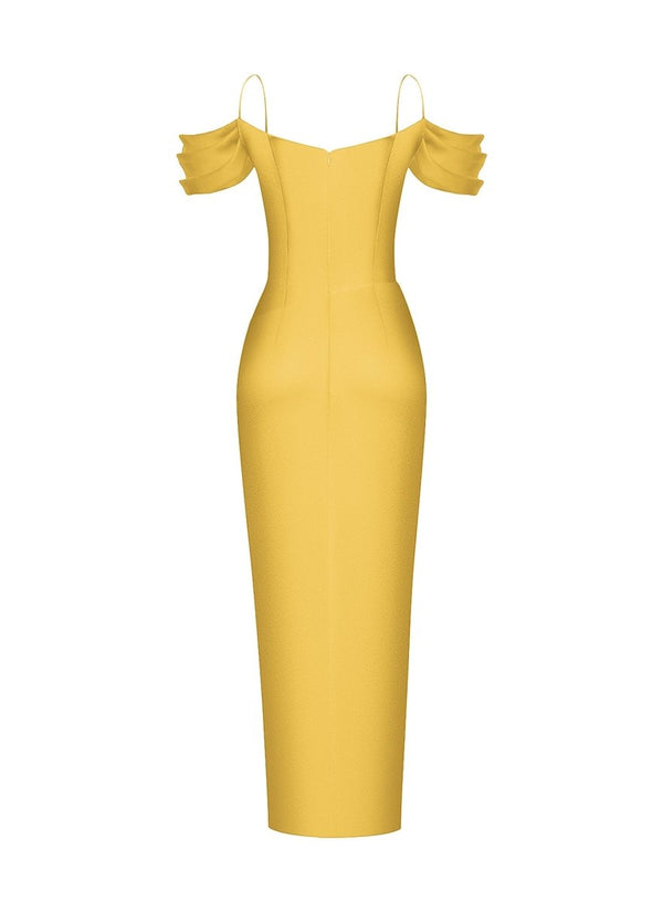 Rasario Satin Draped Off-the-shoulders Long Midi Dress Yellow F114M005 – RASARIO