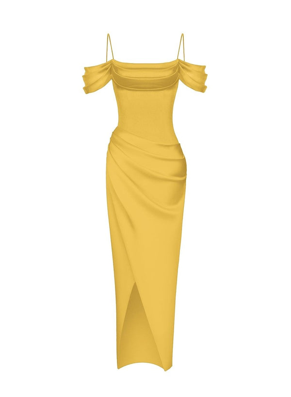 rasario Satin draped off-the-shoulders long midi dress yellow F114M005 – RASARIO