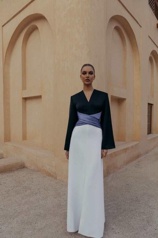 Rasario Satin Front-slit Maxi Dress With Draped Belt Black/burgundy R022X140 – RASARIO