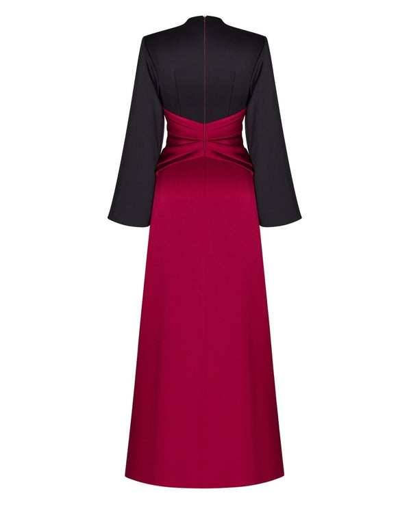 Rasario Satin Front-slit Maxi Dress With Draped Belt Black/burgundy R022X140 – RASARIO