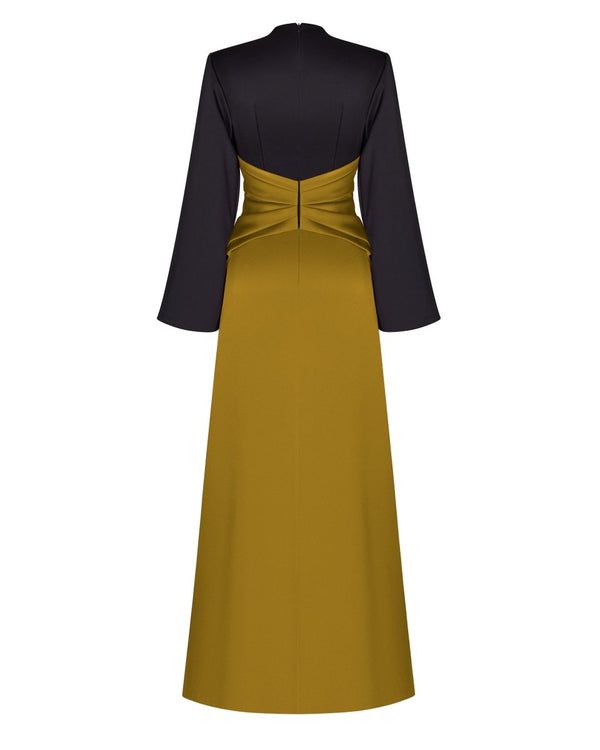 Rasario Satin Front-slit Maxi Dress With Draped Belt Black/gold 22X130_1 – RASARIO