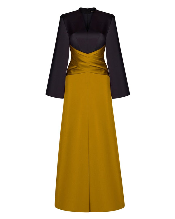 rasario Satin front-slit maxi dress with draped belt black/gold 22X130_1 – RASARIO