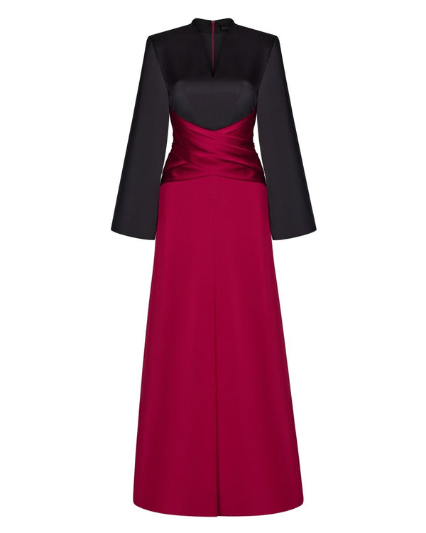 rasario Satin front-slit maxi dress with draped belt black/burgundy R022X140 – RASARIO