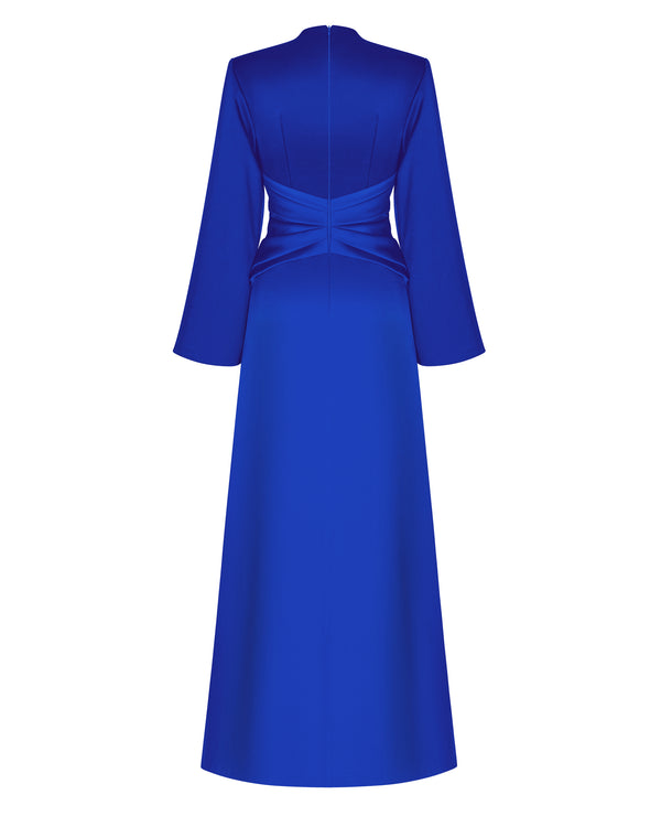 Rasario Satin Front-slit Maxi Dress With Draped Belt Blue R022X110 – RASARIO