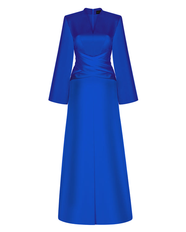 rasario Satin front-slit maxi dress with draped belt blue R022X110 – RASARIO