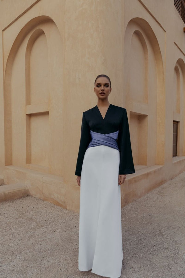 Rasario Satin Front-slit Maxi Dress With Draped Belt Burgundy R022X090 – RASARIO