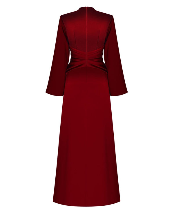 Rasario Satin Front-slit Maxi Dress With Draped Belt Burgundy R022X090 – RASARIO