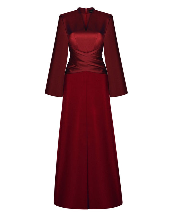 rasario Satin front-slit maxi dress with draped belt burgundy R022X090 – RASARIO