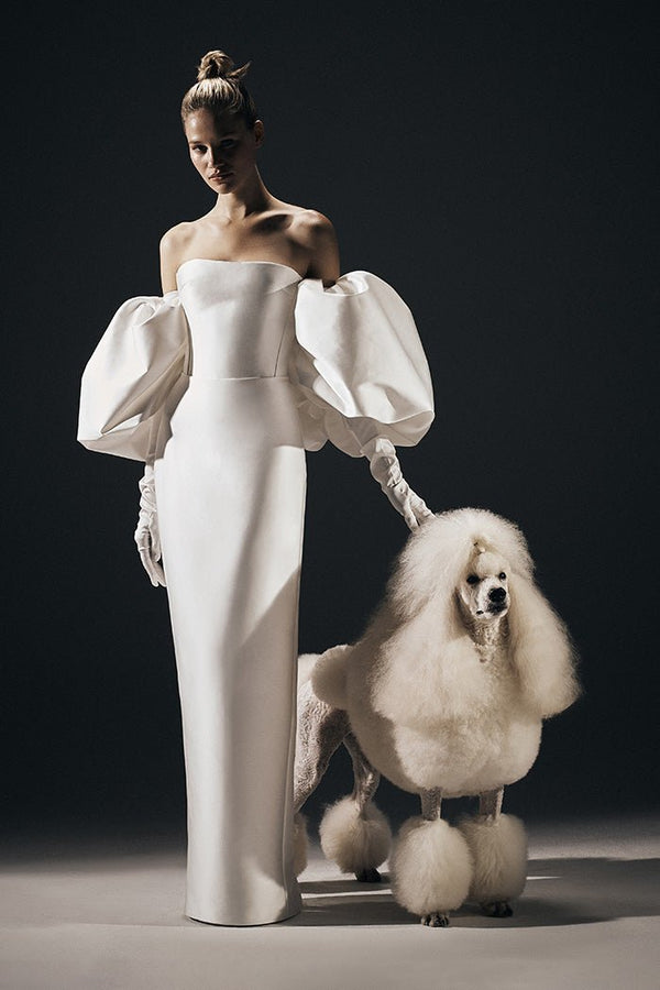 Rasario Satin Gown With Detachable Voluminous Sleeves And Cape B013G020 – RASARIO