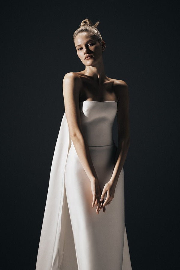 Rasario Satin Gown With Detachable Voluminous Sleeves And Cape B013G020 – RASARIO