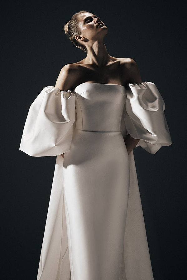 Rasario Satin Gown With Detachable Voluminous Sleeves And Cape B013G020 – RASARIO