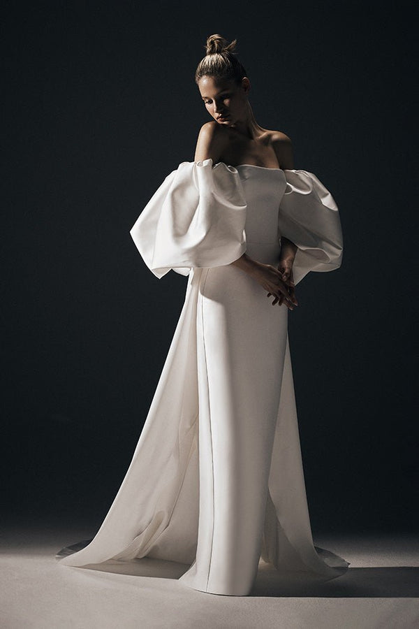 rasario Satin gown with detachable voluminous sleeves and cape B013G020 – RASARIO