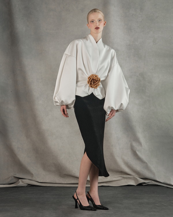 Rasario Satin Jacket With Voluminous Sleeves And A Flower White 008BZ002 – RASARIO