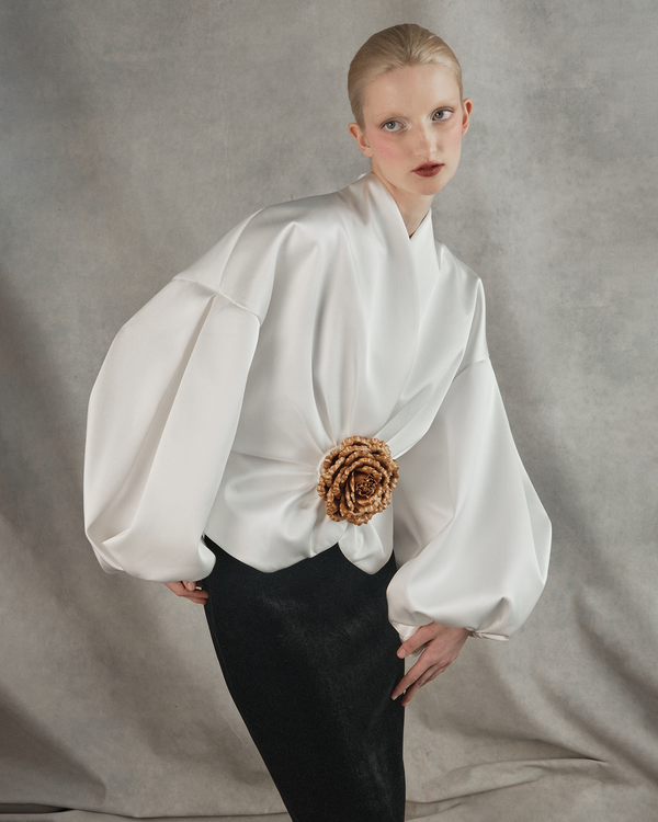 Rasario Satin Jacket With Voluminous Sleeves And A Flower White 008BZ002 – RASARIO