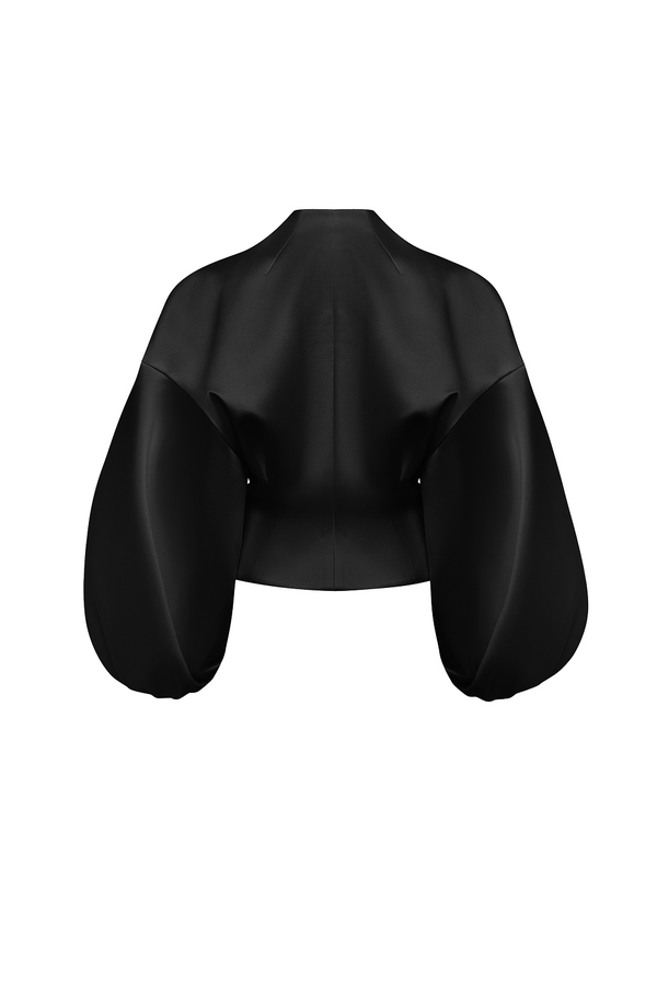 Rasario Satin Jacket With Voluminous Sleeves And A Flower Black 008BZ001 – RASARIO