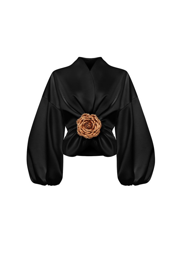 rasario Satin jacket with voluminous sleeves and a flower black 008BZ001 – RASARIO