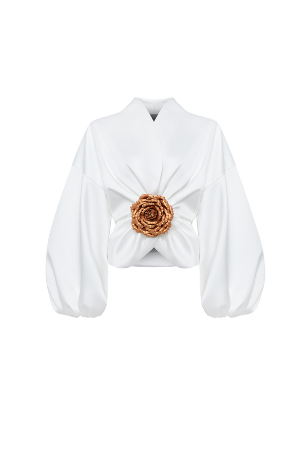 rasario Satin jacket with voluminous sleeves and a flower white 008BZ002 – RASARIO
