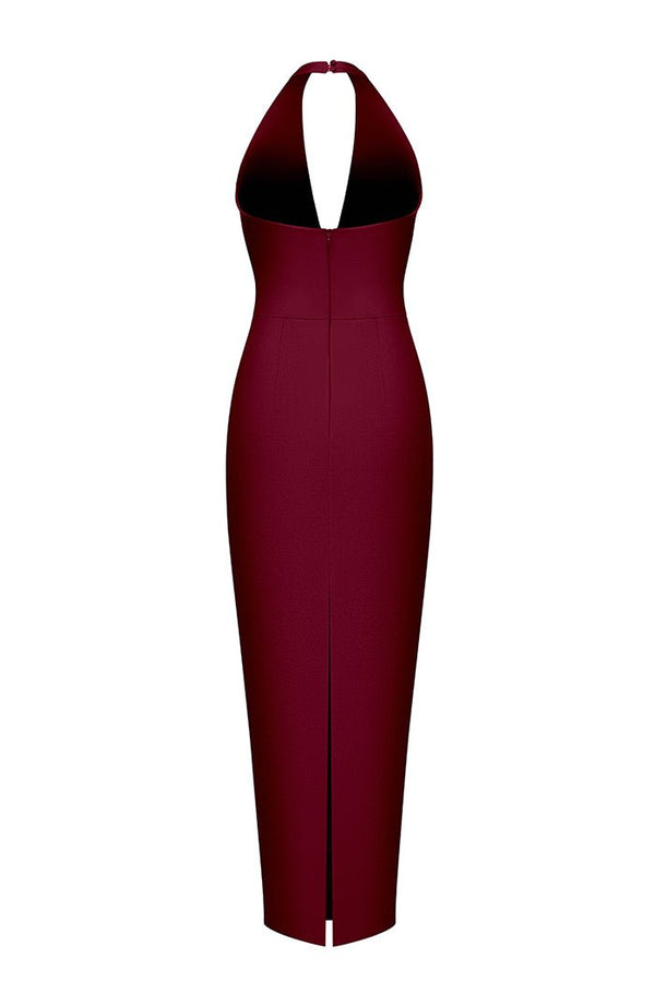 Rasario Satin Long Midi Dress With A Cutout Wine F107M300 – RASARIO