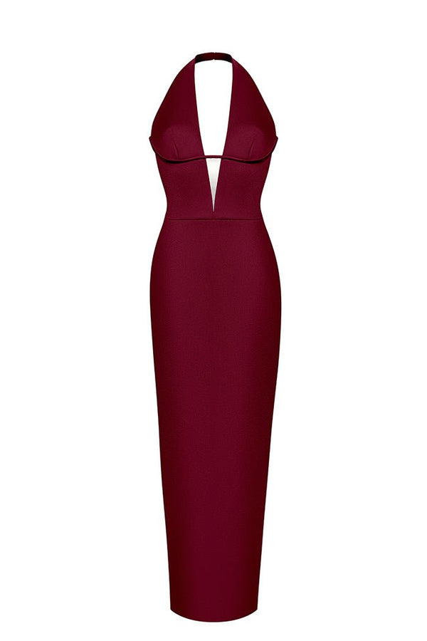 rasario Satin long midi dress with a cutout wine F107M300 – RASARIO