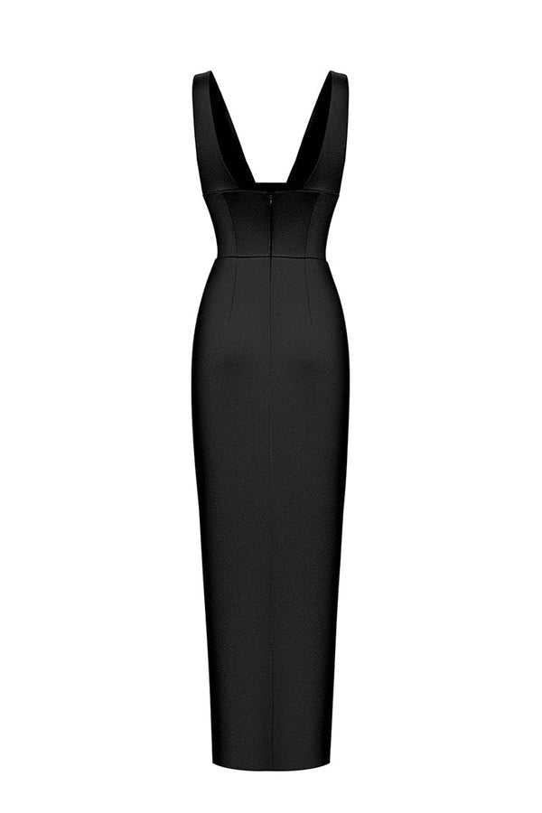 Rasario Satin Long Midi Dress With A Draped Skirt Black F106M010 – RASARIO