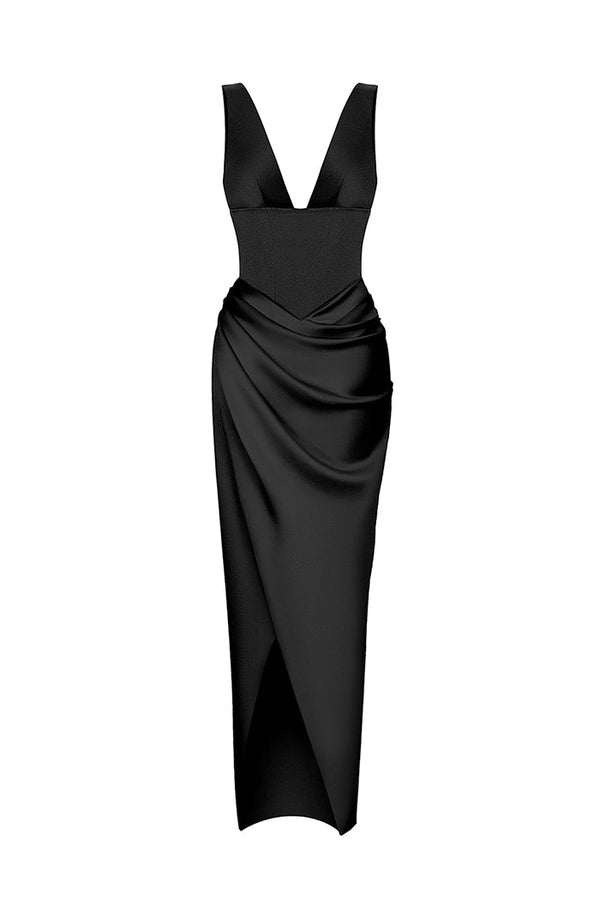 rasario Satin long midi dress with a draped skirt black F106M010 – RASARIO